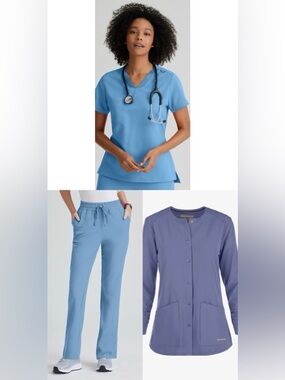 Greys Anatomy Sketchers Scrub Coat XS Top XS, Pants XXS Petite, Ceil Blue